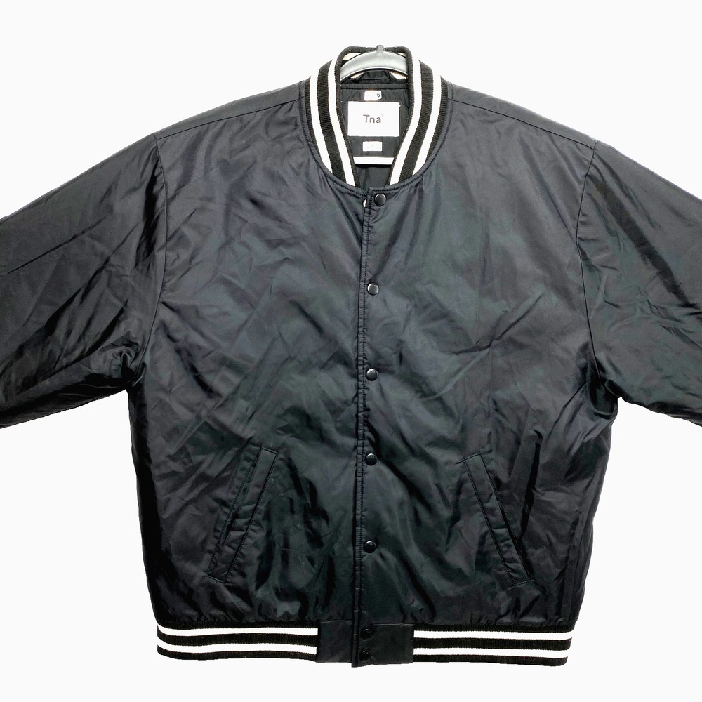 TNA Jacket Mens Large Black Snap Button Satin Letterman Relaxed Aritzia  Bomber